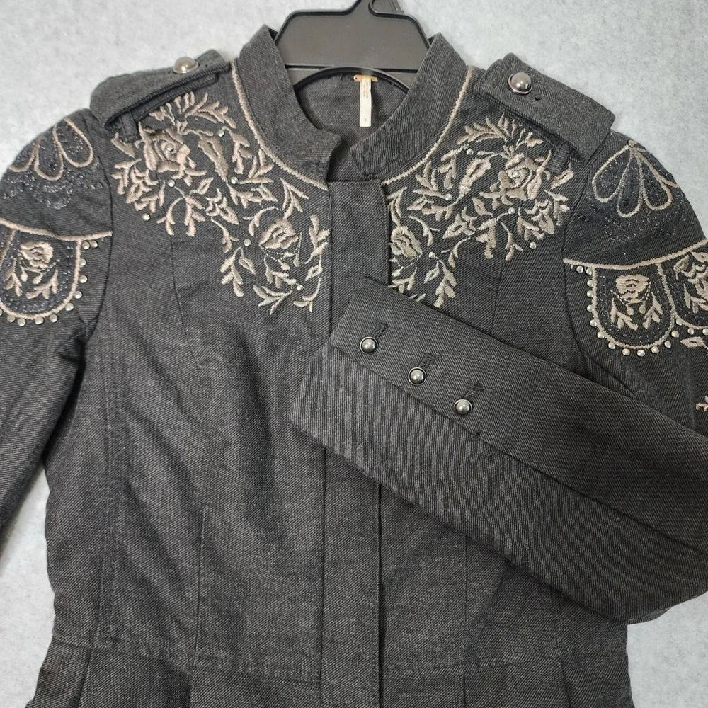 Free People Embroidered Military Coat Women 2 Grey Studded Fit Flare Victorian